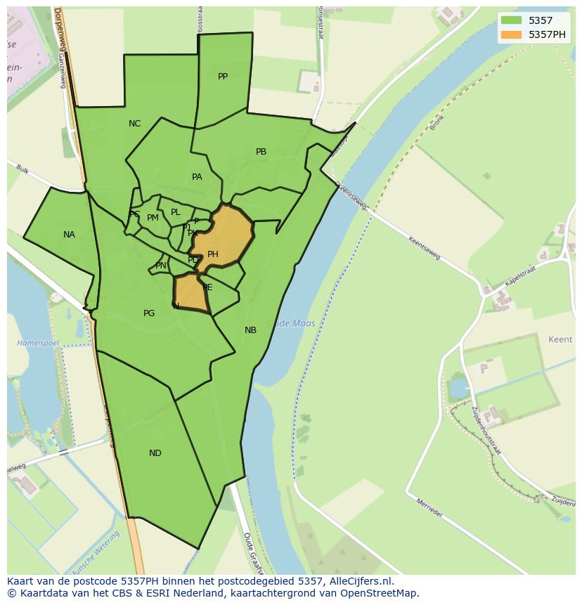 Afbeelding van het postcodegebied 5357 PH op de kaart.
