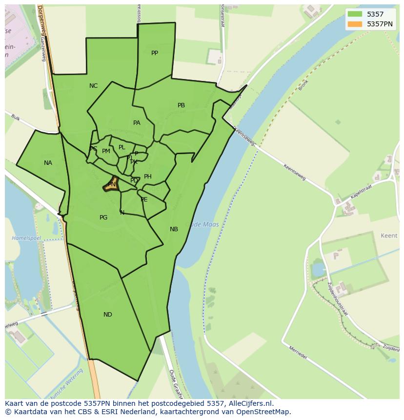 Afbeelding van het postcodegebied 5357 PN op de kaart.