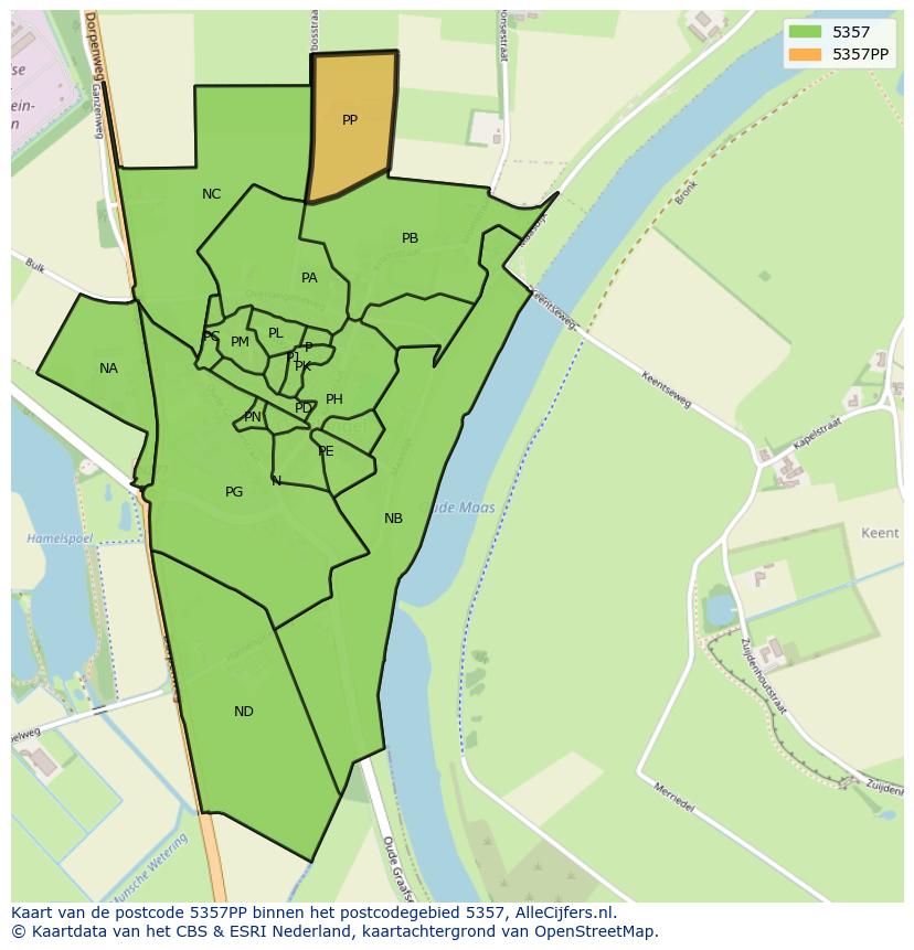 Afbeelding van het postcodegebied 5357 PP op de kaart.