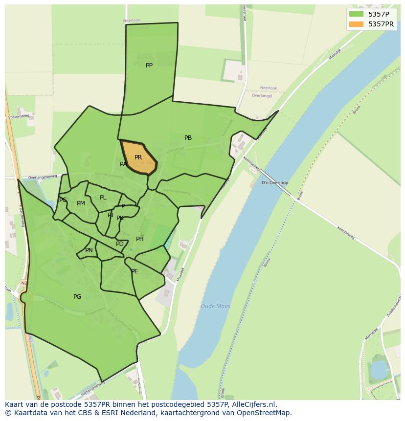 Afbeelding van het postcodegebied 5357 PR op de kaart.