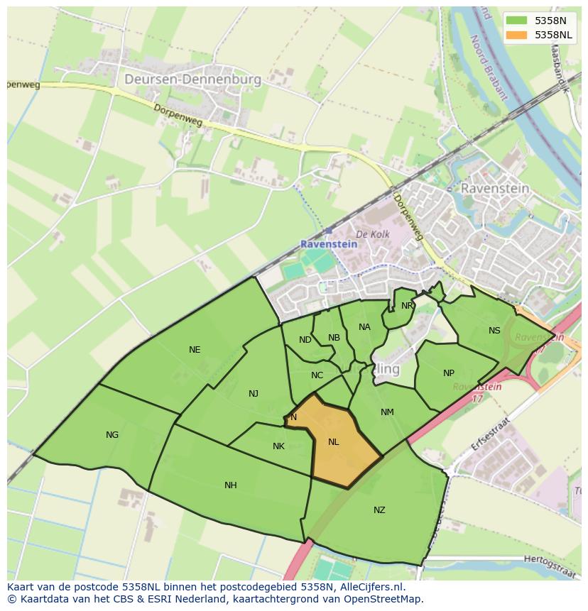 Afbeelding van het postcodegebied 5358 NL op de kaart.
