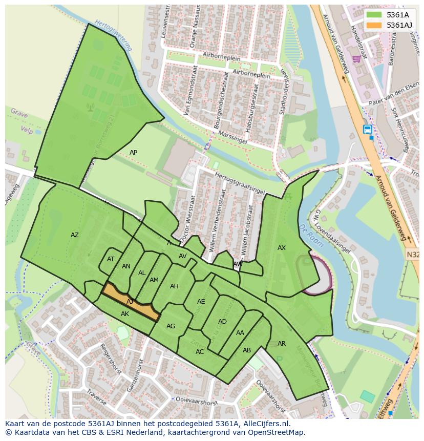 Afbeelding van het postcodegebied 5361 AJ op de kaart.