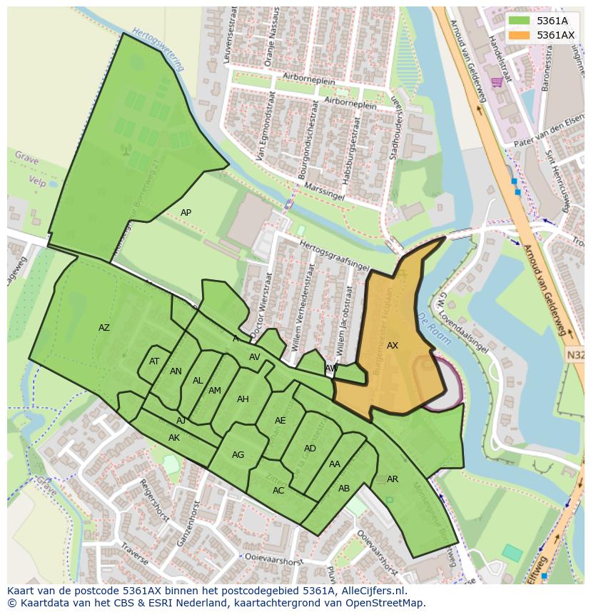 Afbeelding van het postcodegebied 5361 AX op de kaart.