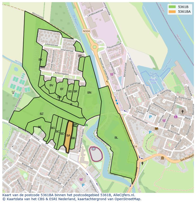 Afbeelding van het postcodegebied 5361 BA op de kaart.