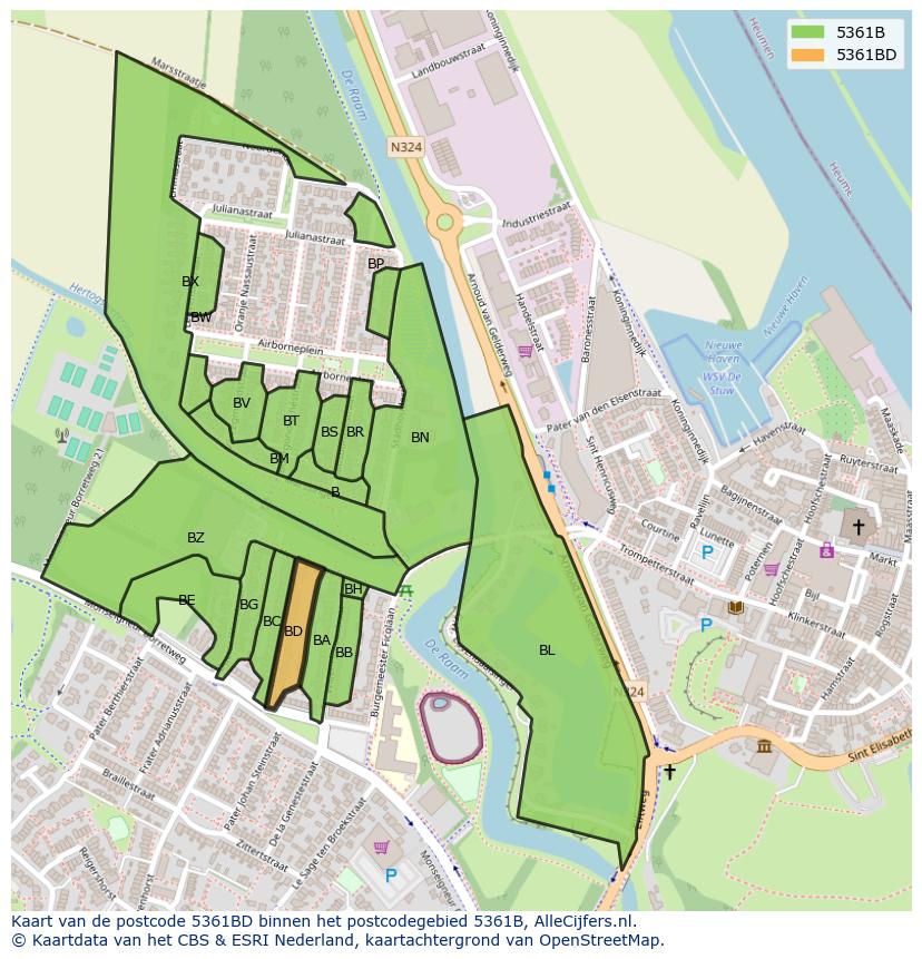 Afbeelding van het postcodegebied 5361 BD op de kaart.