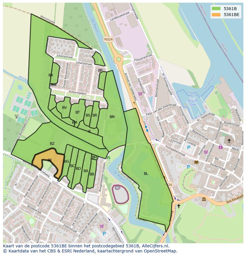 Afbeelding van het postcodegebied 5361 BE op de kaart.