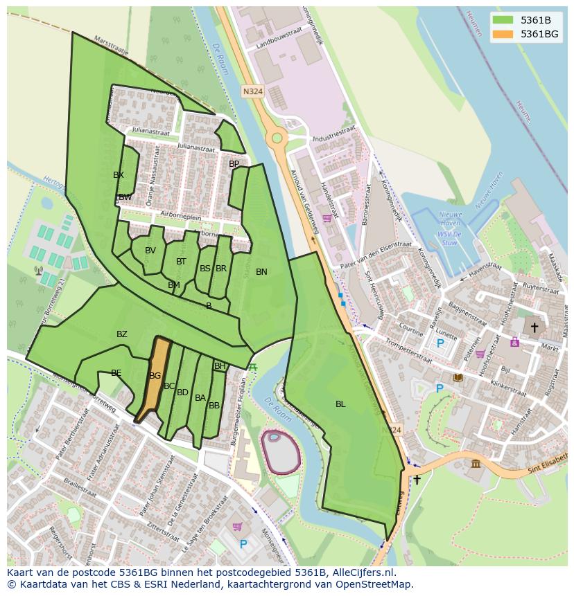 Afbeelding van het postcodegebied 5361 BG op de kaart.