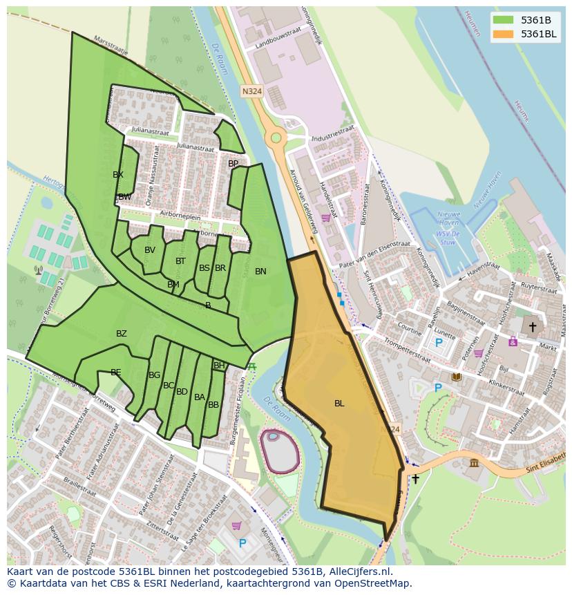 Afbeelding van het postcodegebied 5361 BL op de kaart.