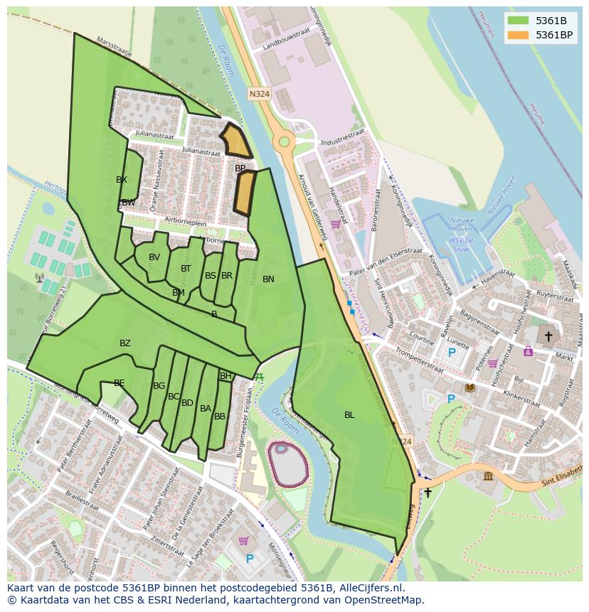 Afbeelding van het postcodegebied 5361 BP op de kaart.