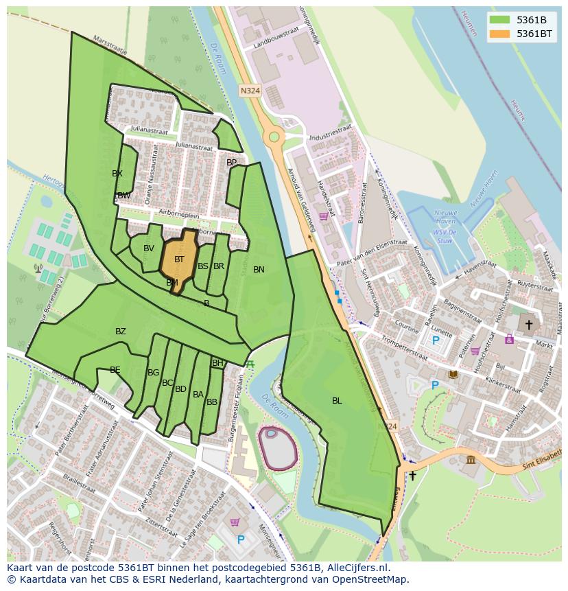 Afbeelding van het postcodegebied 5361 BT op de kaart.