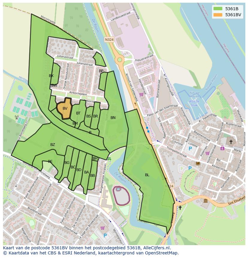 Afbeelding van het postcodegebied 5361 BV op de kaart.