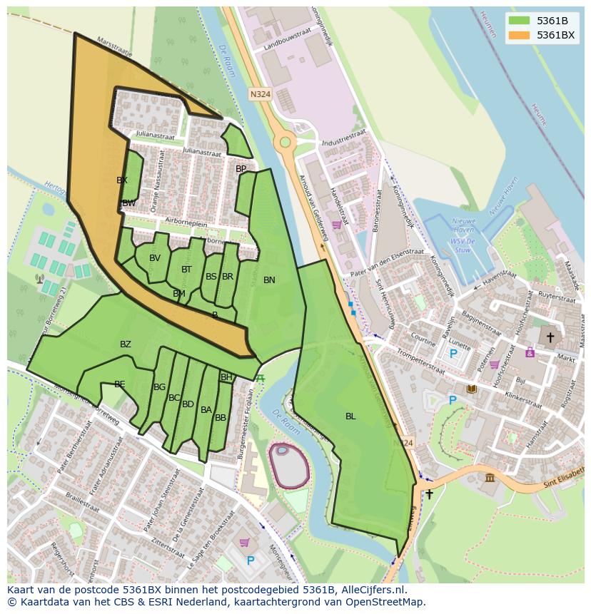 Afbeelding van het postcodegebied 5361 BX op de kaart.