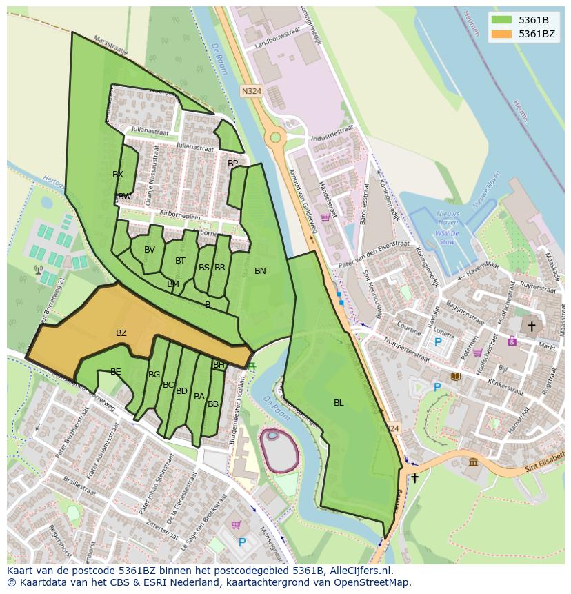 Afbeelding van het postcodegebied 5361 BZ op de kaart.