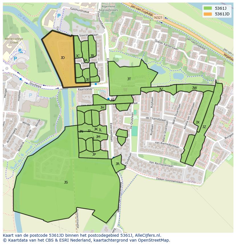 Afbeelding van het postcodegebied 5361 JD op de kaart.