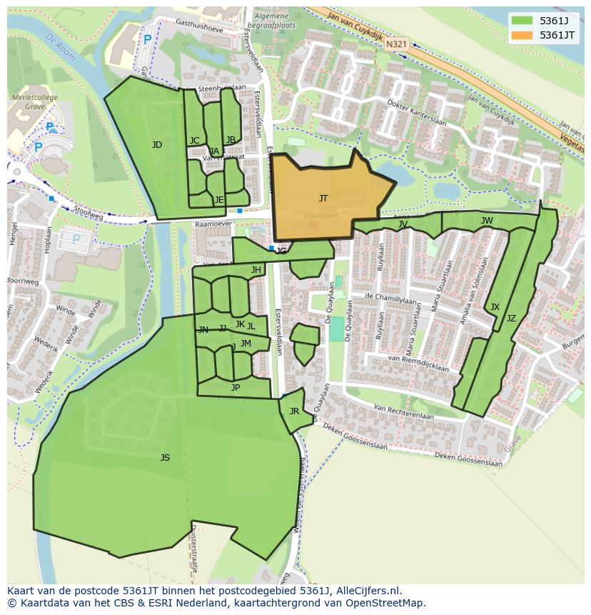 Afbeelding van het postcodegebied 5361 JT op de kaart.