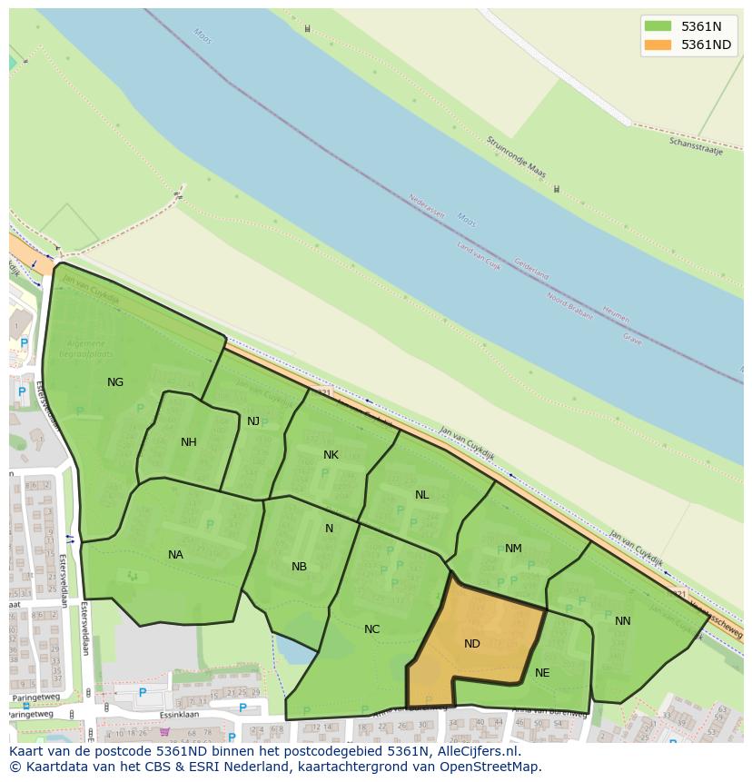 Afbeelding van het postcodegebied 5361 ND op de kaart.