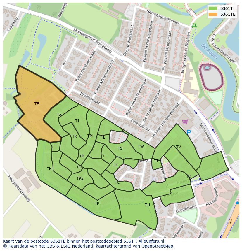 Afbeelding van het postcodegebied 5361 TE op de kaart.
