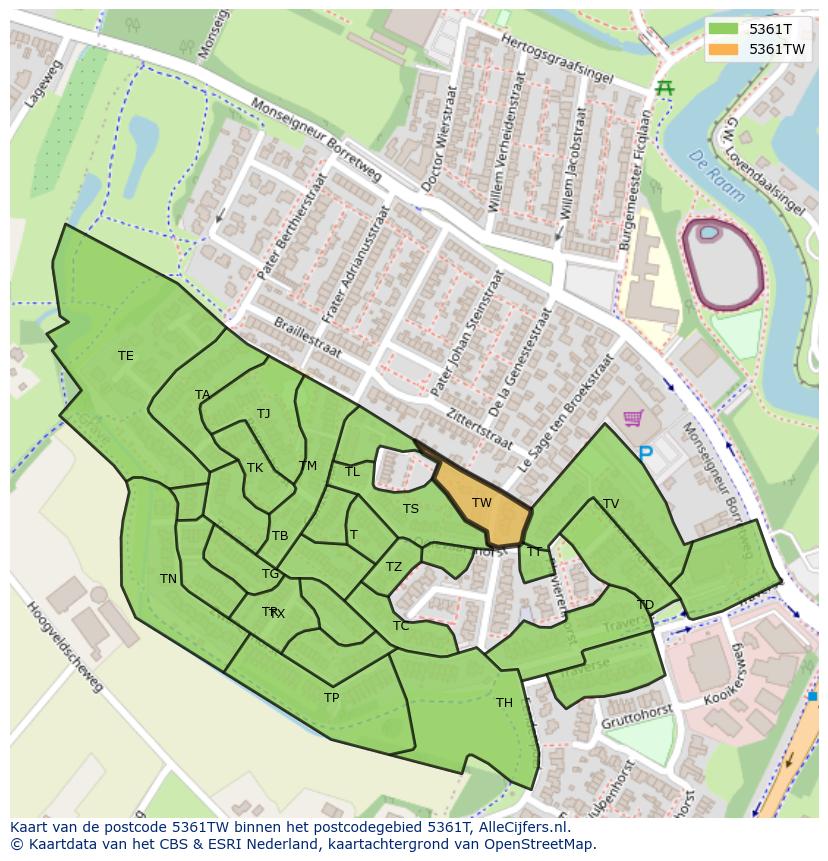 Afbeelding van het postcodegebied 5361 TW op de kaart.
