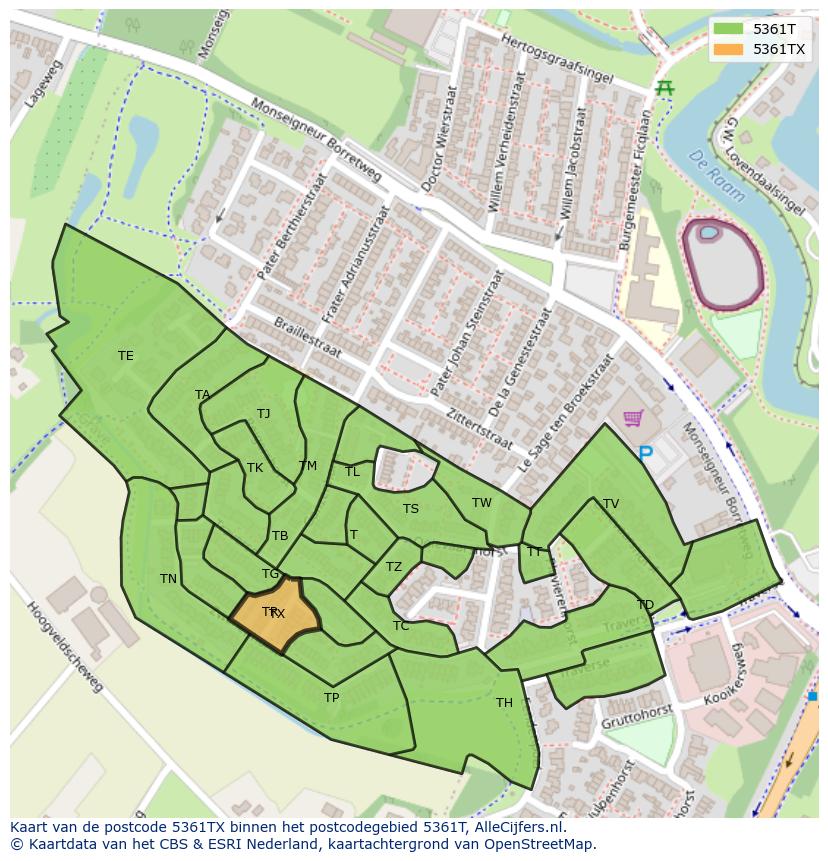 Afbeelding van het postcodegebied 5361 TX op de kaart.