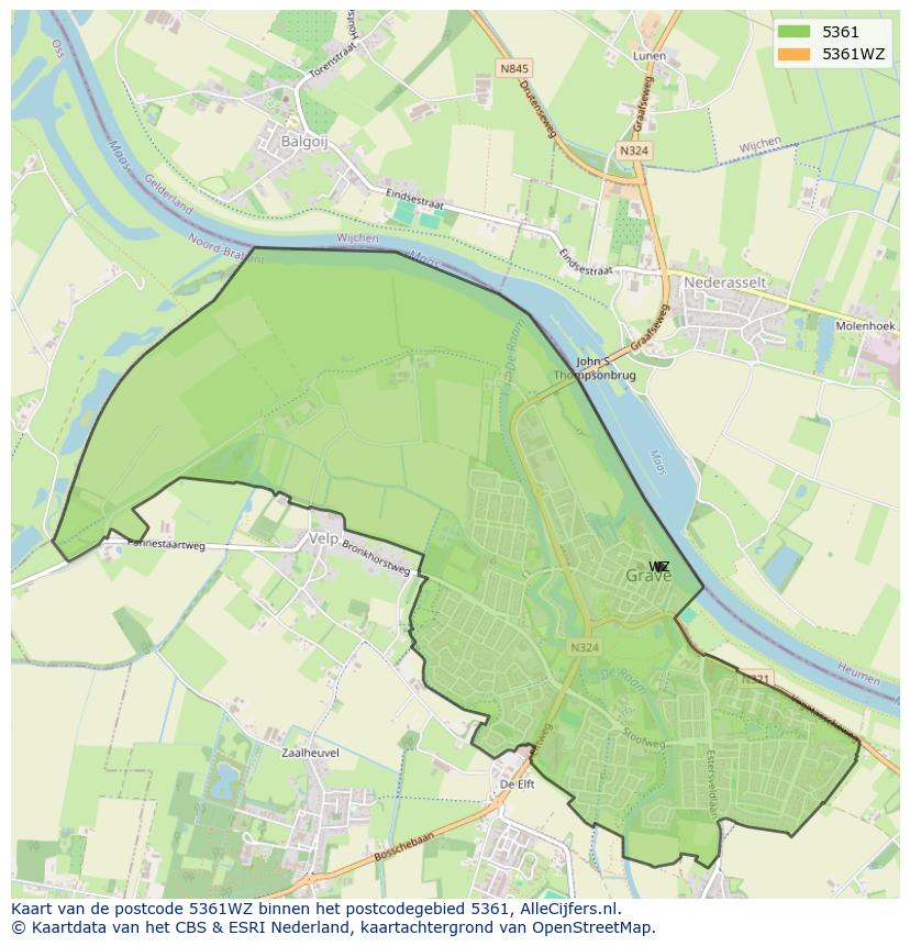 Afbeelding van het postcodegebied 5361 WZ op de kaart.