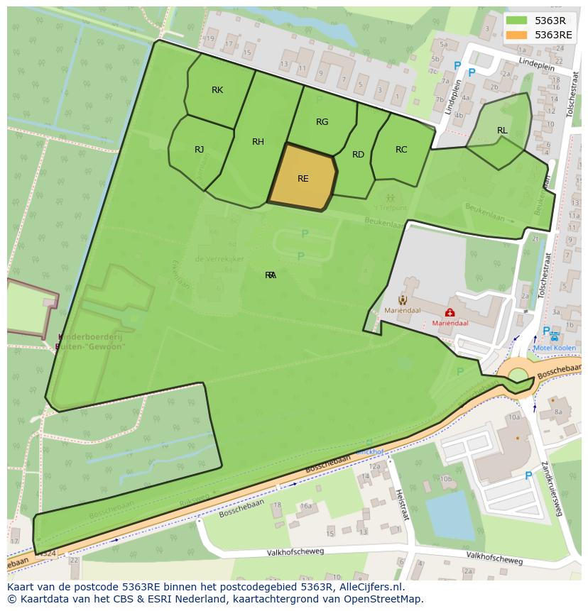 Afbeelding van het postcodegebied 5363 RE op de kaart.