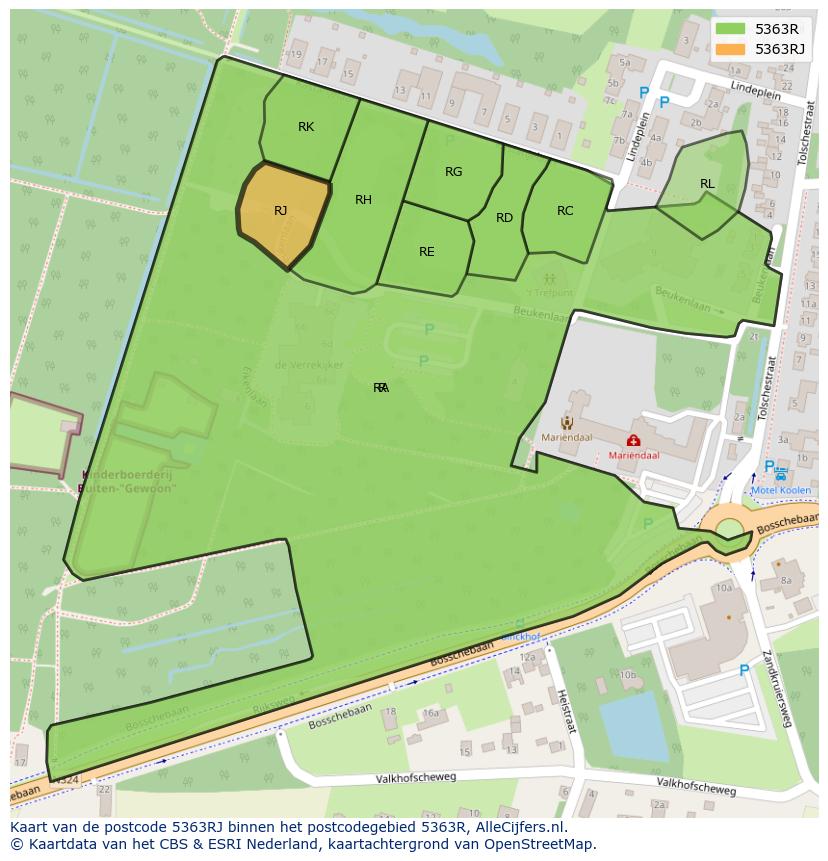 Afbeelding van het postcodegebied 5363 RJ op de kaart.