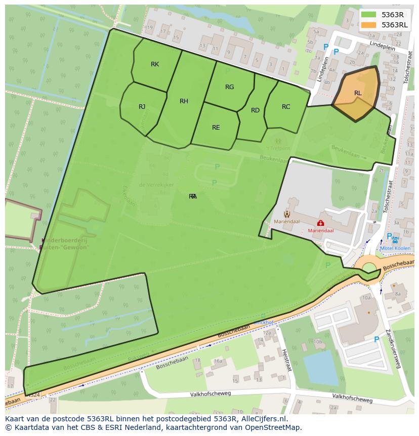 Afbeelding van het postcodegebied 5363 RL op de kaart.