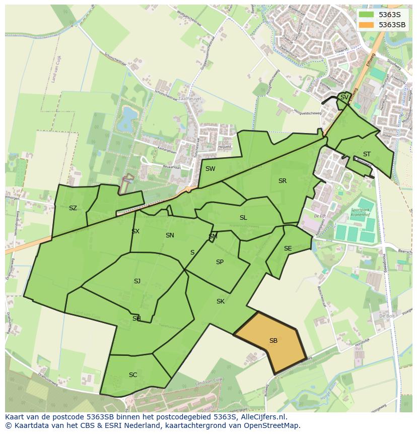 Afbeelding van het postcodegebied 5363 SB op de kaart.