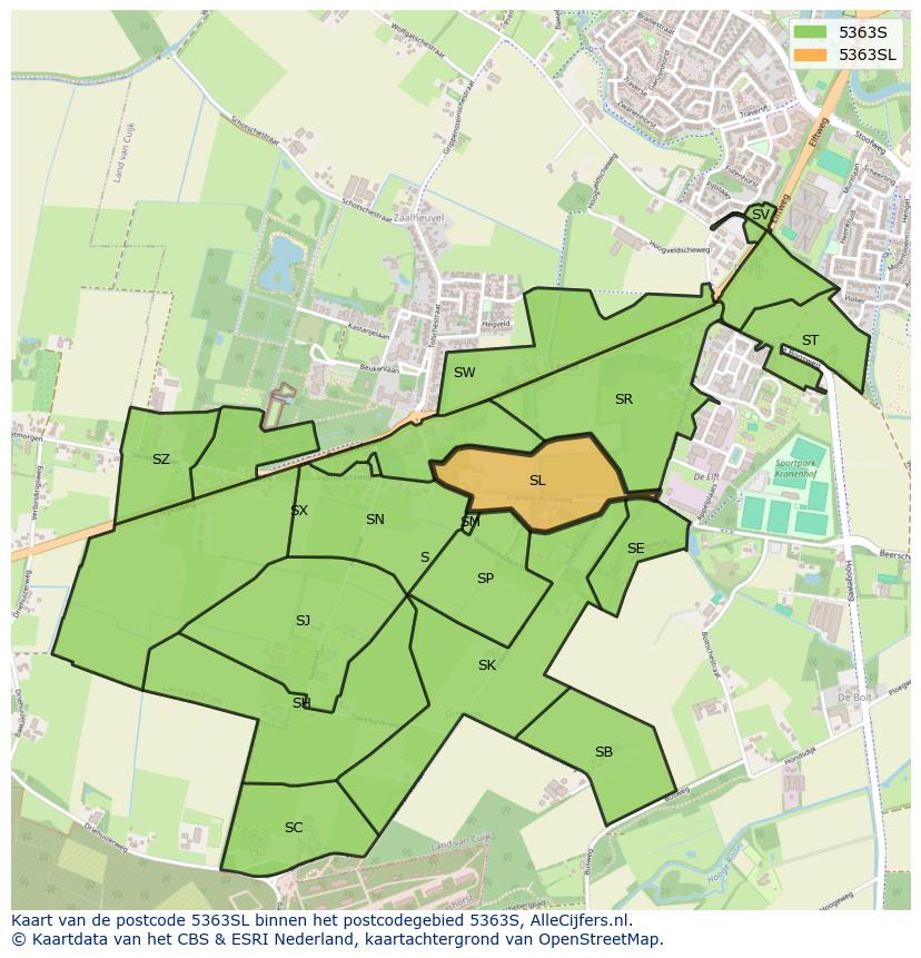 Afbeelding van het postcodegebied 5363 SL op de kaart.