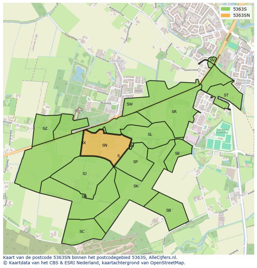 Afbeelding van het postcodegebied 5363 SN op de kaart.