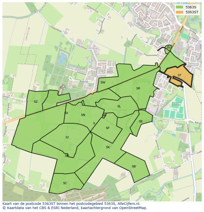 Afbeelding van het postcodegebied 5363 ST op de kaart.