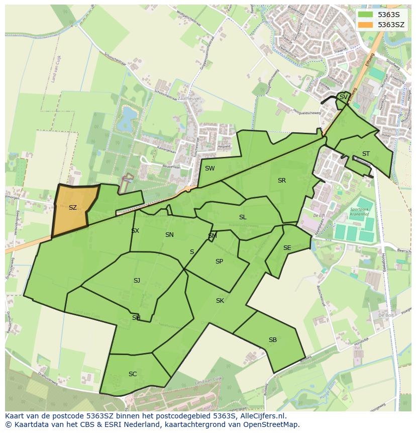 Afbeelding van het postcodegebied 5363 SZ op de kaart.