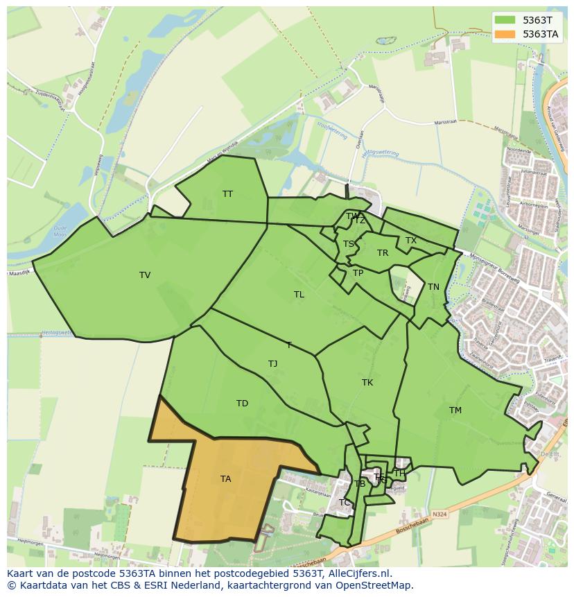 Afbeelding van het postcodegebied 5363 TA op de kaart.