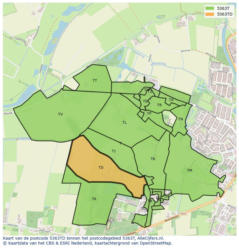 Afbeelding van het postcodegebied 5363 TD op de kaart.
