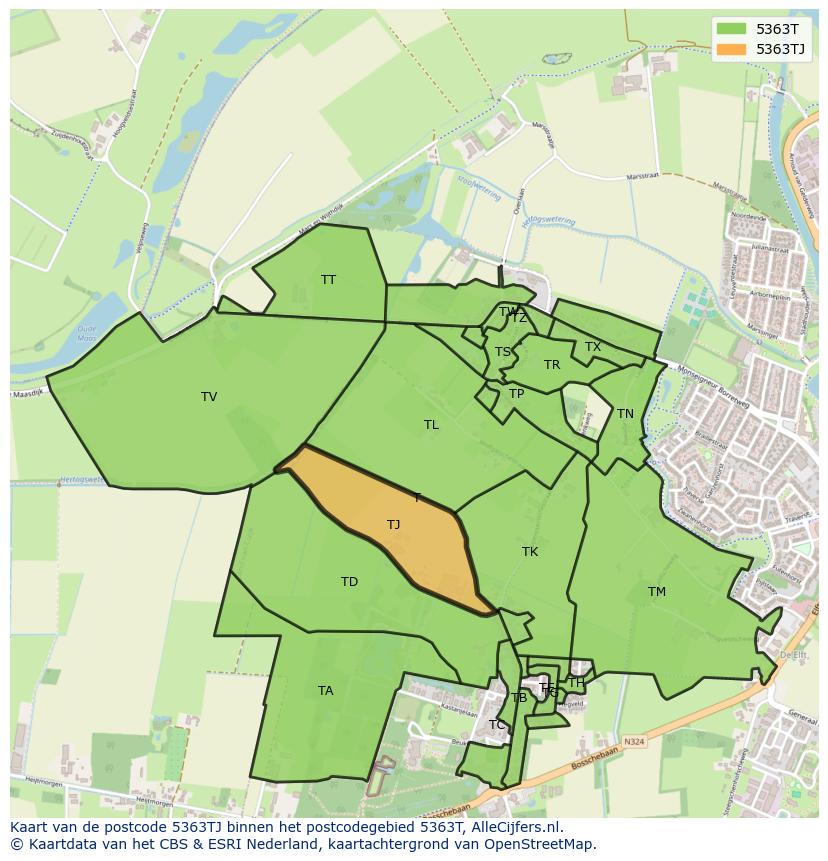 Afbeelding van het postcodegebied 5363 TJ op de kaart.