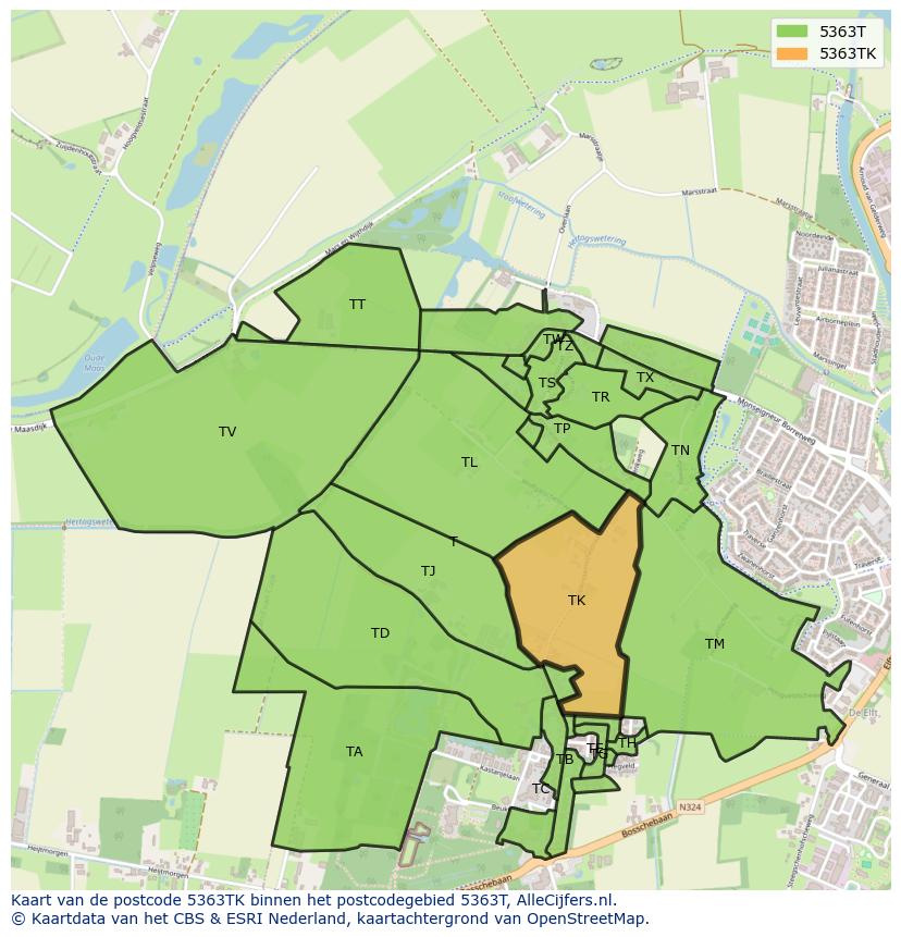 Afbeelding van het postcodegebied 5363 TK op de kaart.
