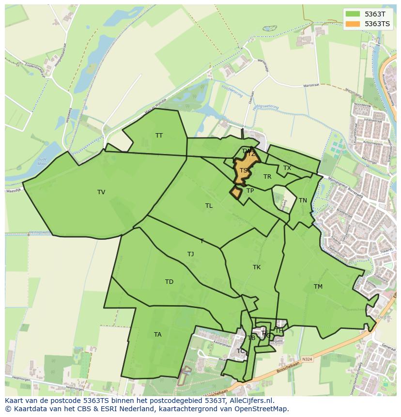 Afbeelding van het postcodegebied 5363 TS op de kaart.