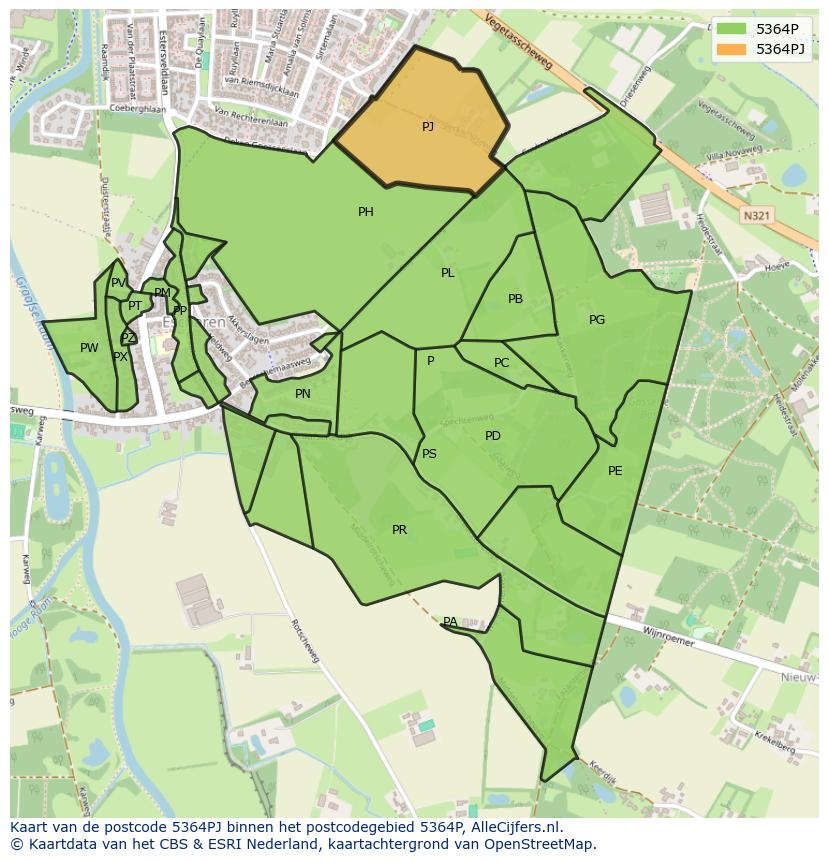 Afbeelding van het postcodegebied 5364 PJ op de kaart.