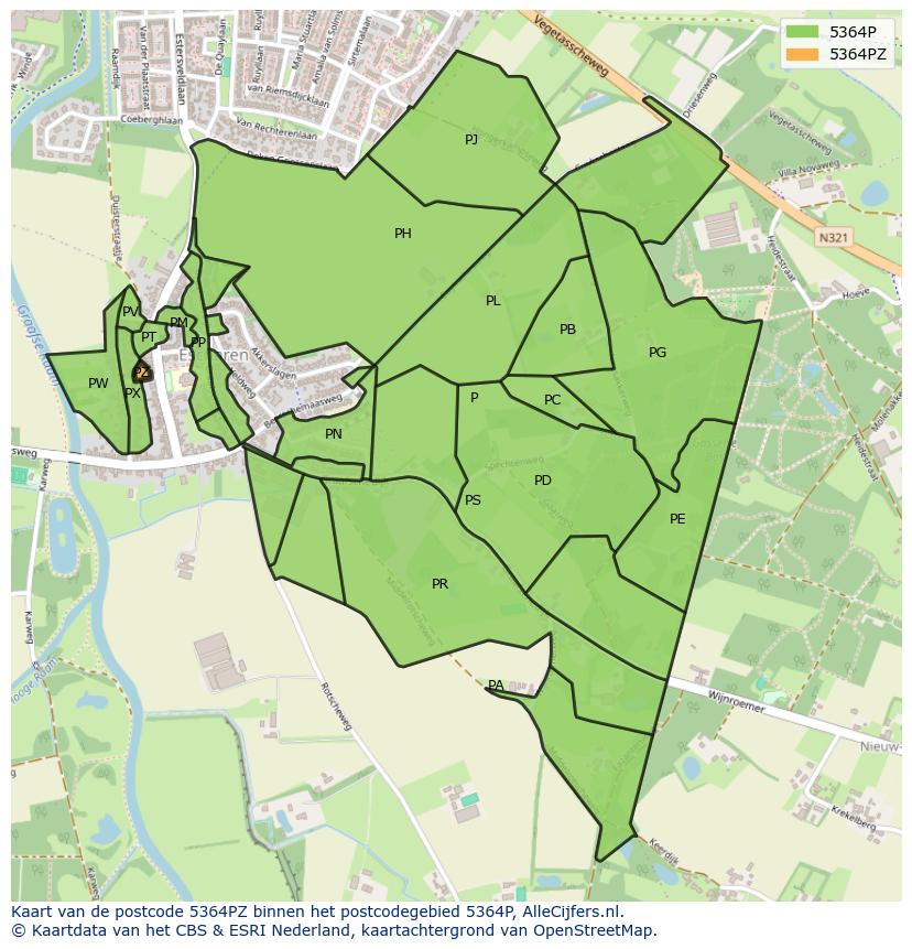 Afbeelding van het postcodegebied 5364 PZ op de kaart.