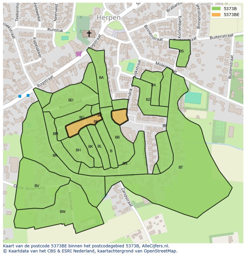 Afbeelding van het postcodegebied 5373 BE op de kaart.