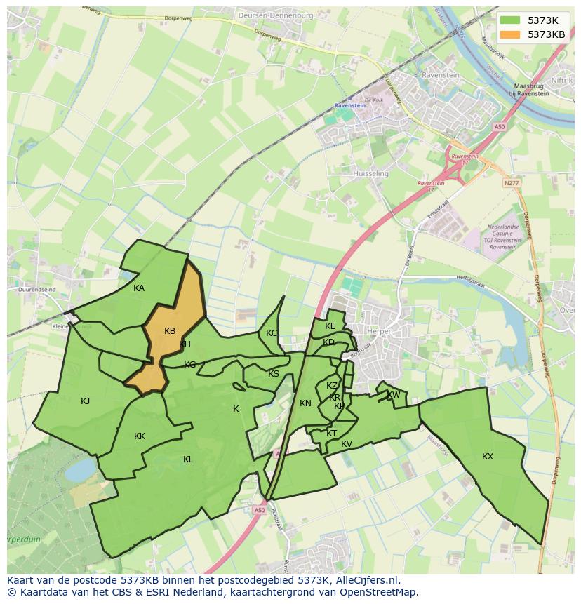 Afbeelding van het postcodegebied 5373 KB op de kaart.
