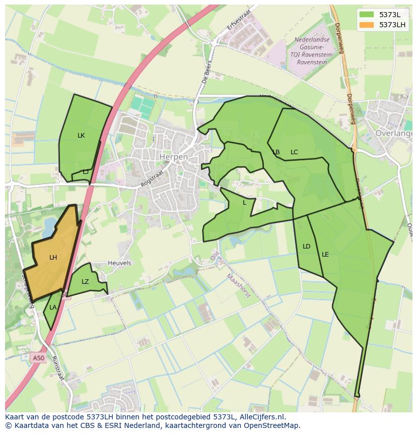Afbeelding van het postcodegebied 5373 LH op de kaart.