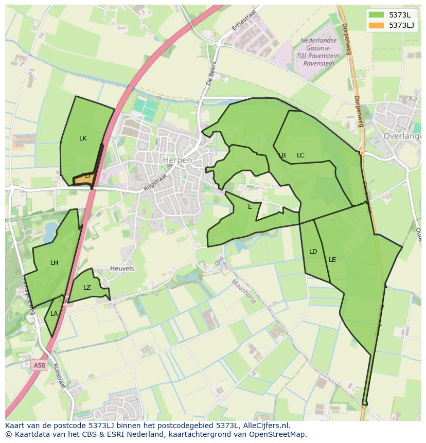Afbeelding van het postcodegebied 5373 LJ op de kaart.