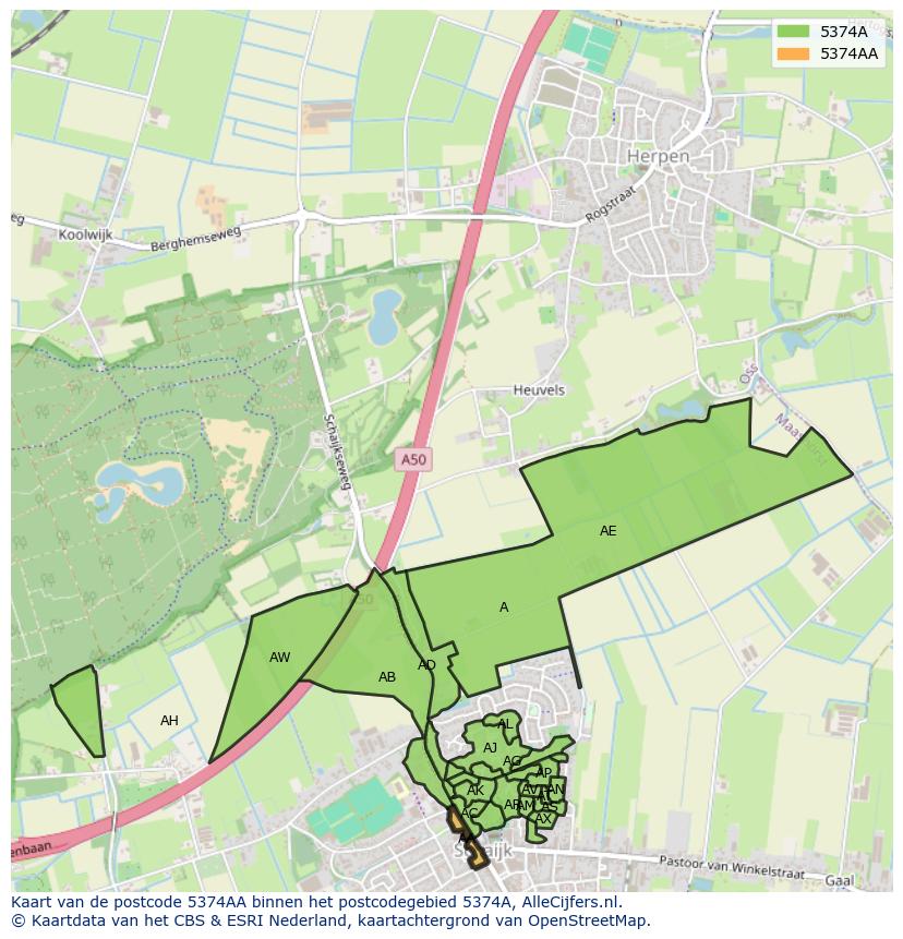 Afbeelding van het postcodegebied 5374 AA op de kaart.