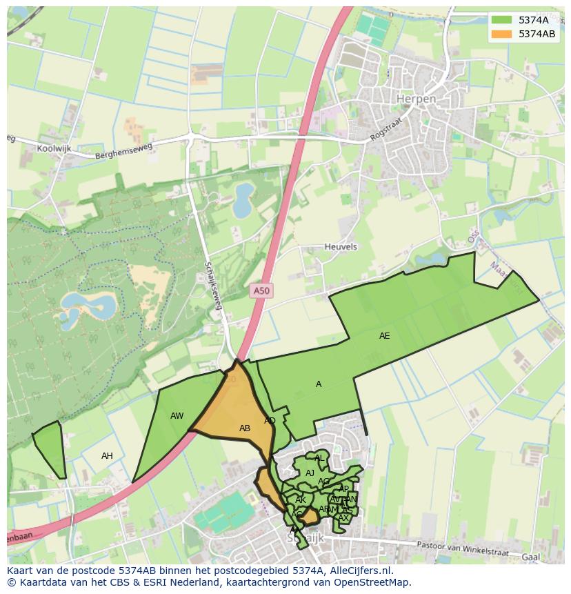 Afbeelding van het postcodegebied 5374 AB op de kaart.