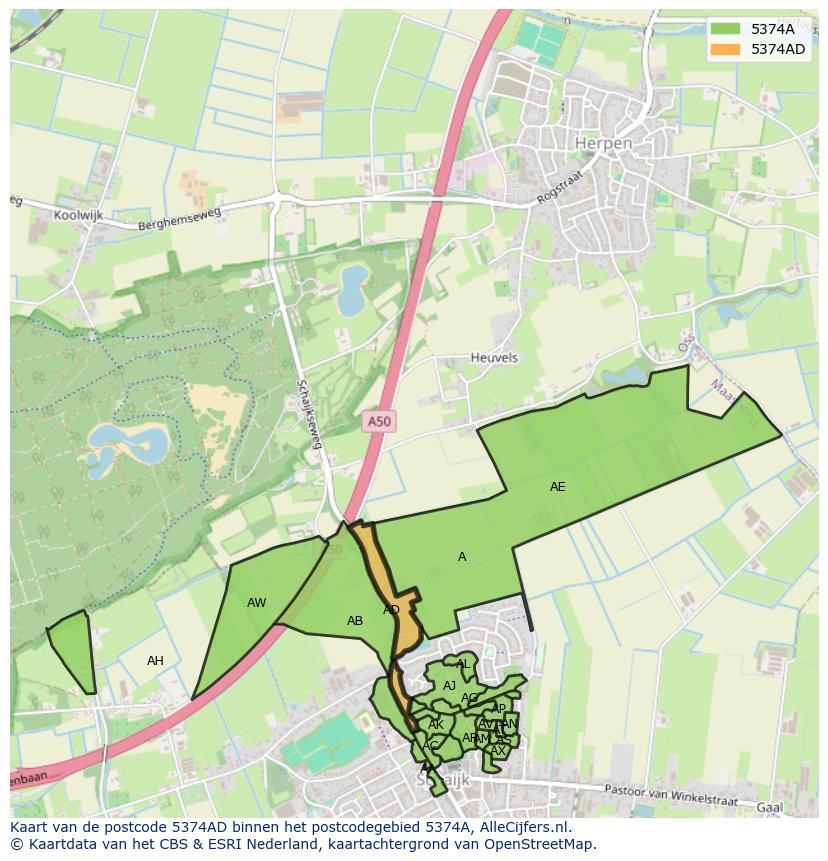 Afbeelding van het postcodegebied 5374 AD op de kaart.