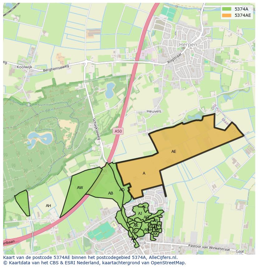 Afbeelding van het postcodegebied 5374 AE op de kaart.