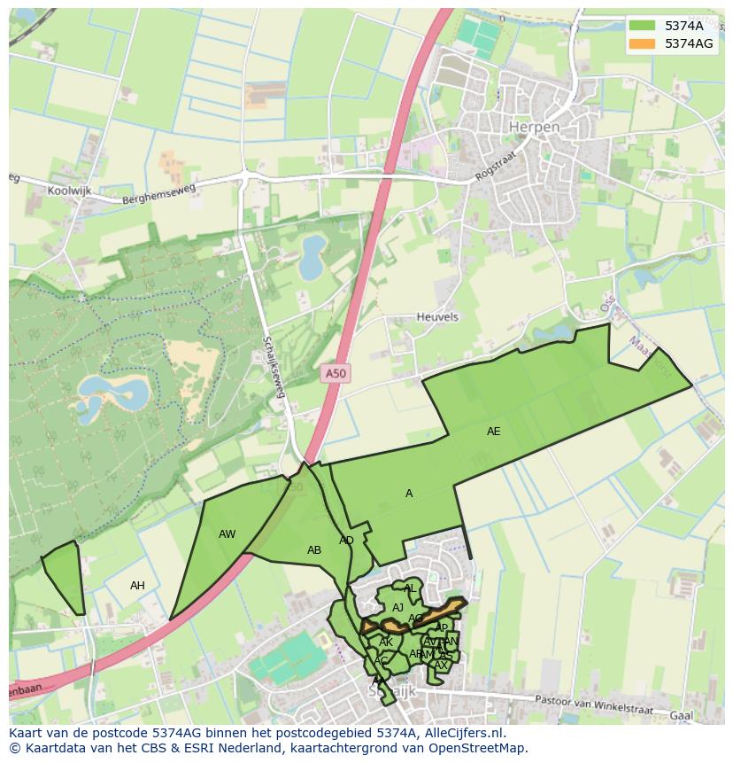 Afbeelding van het postcodegebied 5374 AG op de kaart.