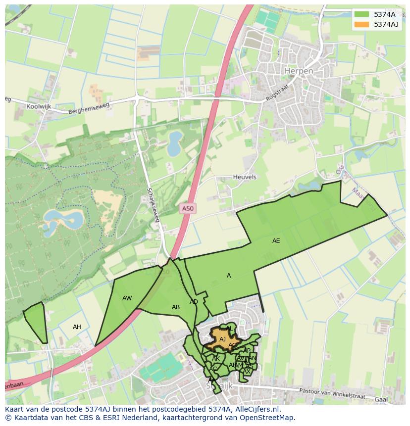 Afbeelding van het postcodegebied 5374 AJ op de kaart.