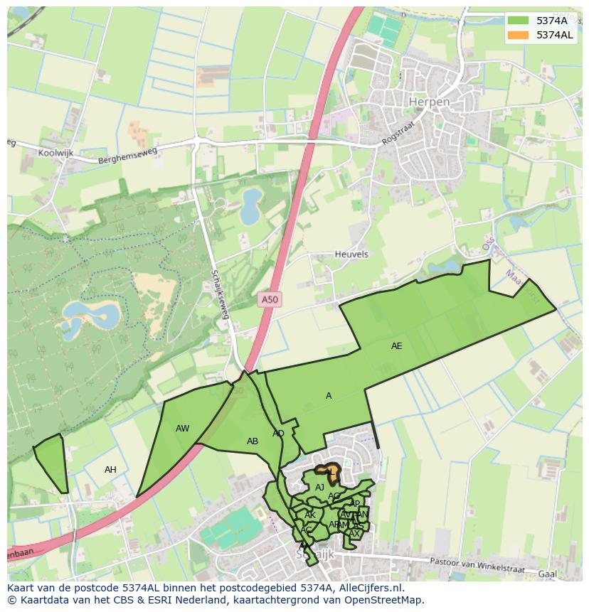 Afbeelding van het postcodegebied 5374 AL op de kaart.